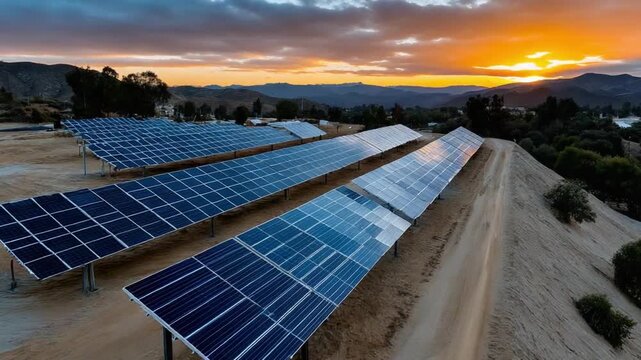 Harnessing Sunlight: Capturing the tranquil beauty of a solar panel array bathed in the golden hues of the setting sun, offering a vision of sustainable energy.