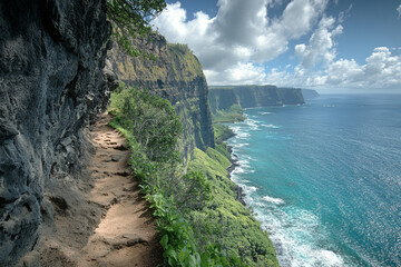 Breathtaking Cliffside Vistas of a Coastal Trail A winding path along towering cliffs unveils awe-inspiring ocean panoramas