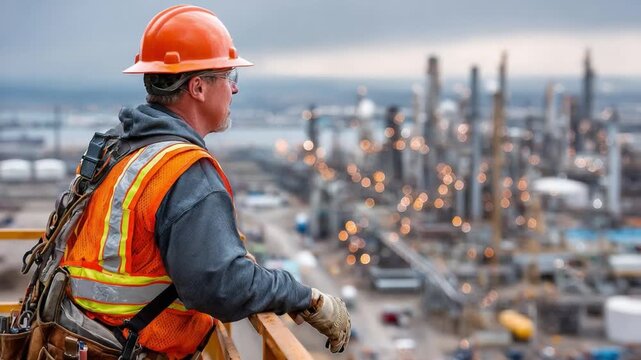 Industry Engineer in the Field: A focused engineer, donned in safety gear, gazes out over the sprawling landscape of an industrial plant, embodying the spirit of dedication and expertise.