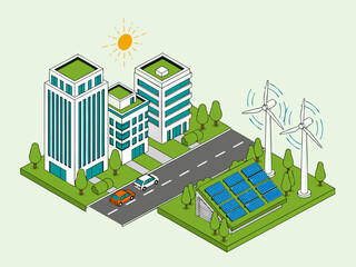 An isometric illustration of a sustainable city featuring green buildings, solar panels, and wind turbines.