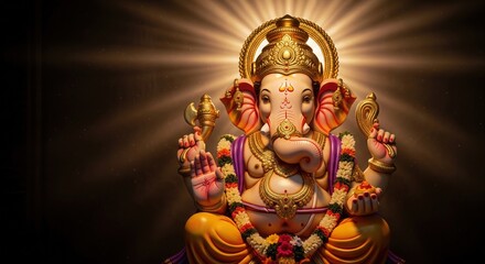 Fototapeta premium Dagdusheth Lord Ganesha Idol. Soft Divine Rays With Copy Space.