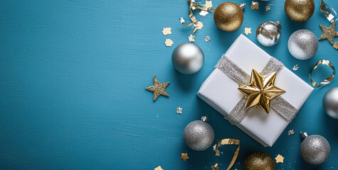 Christmas flat lay with gift box and festive ornaments