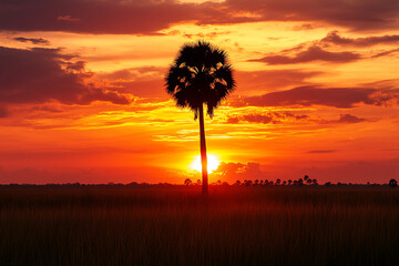 breathtaking silhouette of lone palm tree against fiery tropical sunset