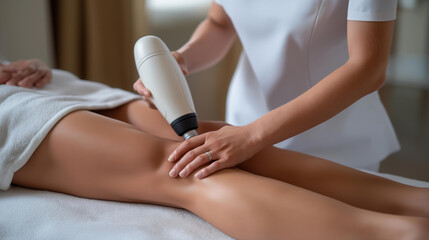A lymphatic drainage specialist using vacuum therapy cups along a client&rsquo;s legs, gentle suction creating smooth waves that enhance circulation &mdash; body contouring, non-invasive therapy tools, and