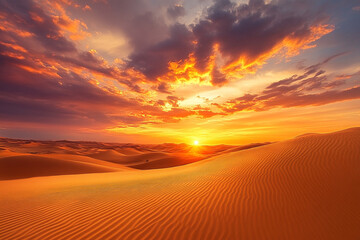 breathtaking sunset over rolling sand dunes, where scattered clouds glow in rich amber tones