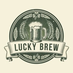 Vintage Craft Beer Logo with Lucky Clover and Barley Design