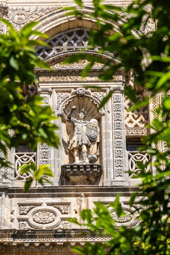 Jerez de la Frontera, Spain - May 15, 2025: Details of the San Miguel church in the historic center in Jerez de la Frontera, Spain