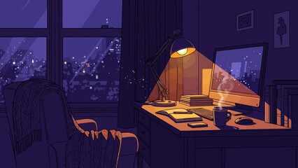 Evening Study Space with Cityscape View and Warm Light
