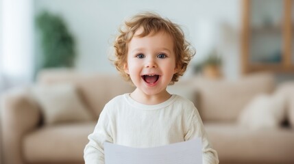 Fototapeta premium Vacation home insurance, A smiling child holds a piece of paper, showcasing joy and innocence in a cozy living room setting.