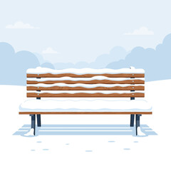 Empty wooden park bench covered in snow during winter illustration