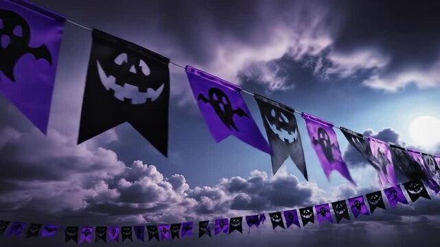 Dramatic drone dolly shot gliding along a lengthy string of black and vivid purple Halloween bunting against a turbulent, dark, abstract sky seasonal decor, weather, flag detail