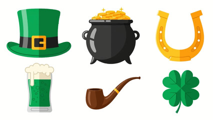 St Patrick's Day set with leprechaun, gold coins, clover leaf, Irish beer, and hat illustration vector symbols for luck and celebration