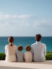 Fototapeta premium Vacation home insurance, A family enjoys a serene moment by the ocean, sitting together and gazing at the expansive sea horizon.