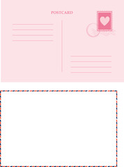 Postcard pink romantic air mail template with heart stamp, Vintage empty letter, envelope. Retro postage card. Blank template