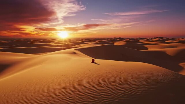 Dramatic drone aerial wide shot pulling away slowly from a small red camping backpack resting alone on a vast, textured expanse of golden desert sand at sunset small, wilderness, exploration