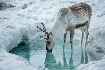 caribou drinking from crystal-clear spring river formed by melting ice