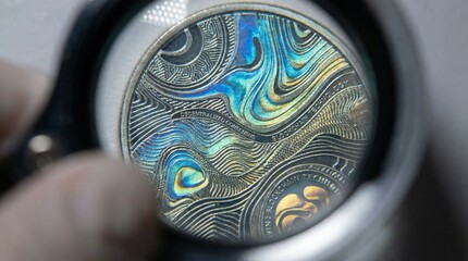 Macro view reveals intricate holographic design on cryptocurrency commemorative coin inspection
