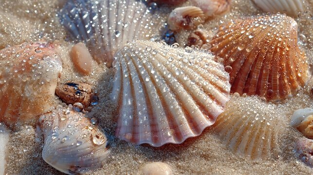 Close-Up of Seashells on Sandy Beach with Water Droplets