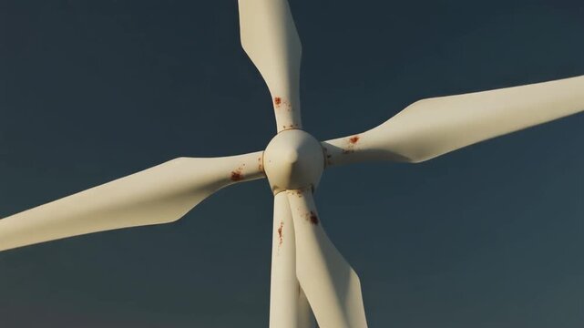 Striking close-up of weathered white wind turbine blades with rust spots against a dark blue sky