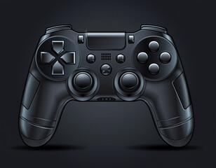 A sleek black game controller on a dark background viewed from the front