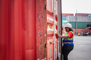 Professional logistics worker opened container door at industrial shipping yard, emphasizing global trade, transportation business, and warehouse operations.