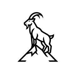 Minimalist Goat Mountain Logo, Goat Standing on Mountain Peak, Simple Shapes, Bold Black Outline, Flat Vector Illustration
