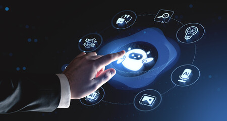 Futuristic user interface concept showing a hand interacting with AI chatbot hologram on digital background surrounded by artificial intelligence icons.