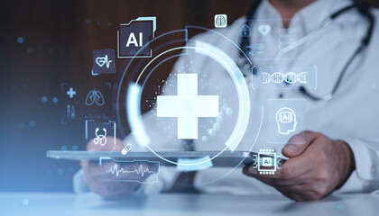 Futuristic AI-powered medical concept with digital health icons and holographic interface in modern healthcare technology environment on dark background.