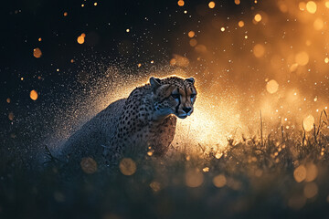 cheetah running through wet grass, droplets flying through the air