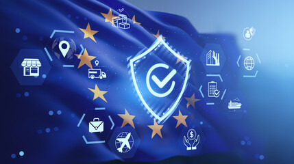 Digital security and logistics concept with hologram icons on EU flag background representing supply chain protection and data verification systems.