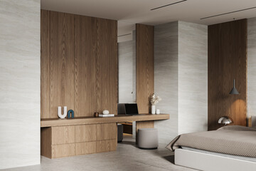 Modern minimalist bedroom interior with wooden wall panels, built-in desk, and neutral-toned decor showcasing cozy and functional living concept. 3D Rendering