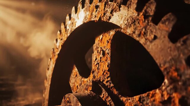 Dramatic focus pull revealing a single large rusty gear wheel covered in orange oxidation and catching shafts of warm directional light through the shadows glowing, cogs, engineering