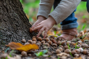 child hands playing with acorns while touching the base of tree