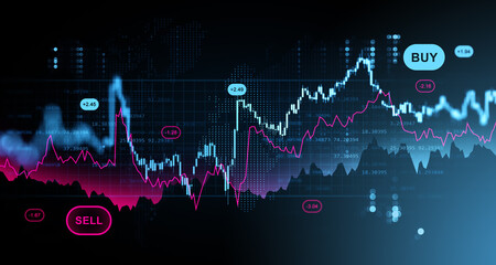 Digital stock trading interface with buy and sell signals on abstract financial chart background representing investment and market analysis concept. 3D Rendering