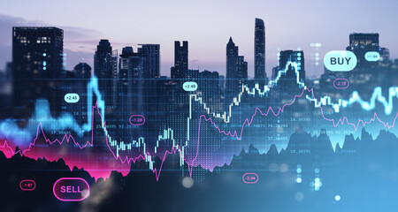 Futuristic trading interface with holographic forex and crypto charts over modern cityscape background illustrating digital financial market concept.