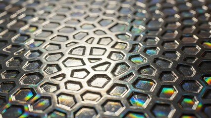 Fototapeta premium A close-up view of a metallic surface featuring an intricate hexagonal honeycomb pattern with iridescent reflections.