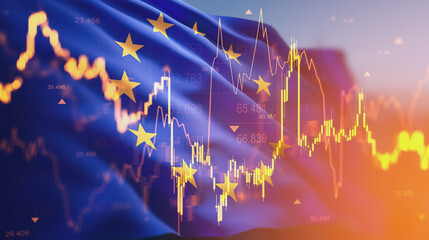 European Union flag with glowing stock market charts and financial data overlay on abstract background depicting economic trends and forex analysis concept.
