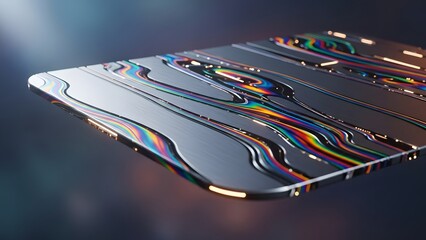 A close-up of a futuristic metallic surface with iridescent rainbow patterns and sleek design.