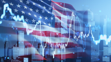 USA financial market concept with stock chart overlay, American flag, and New York city skyline in futuristic economic investment background.