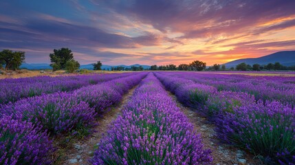 Fototapeta premium Lavender Field at Sunset with Pathway and Mountains