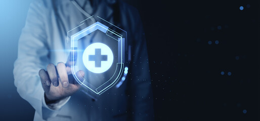 Doctor touching virtual healthcare shield icon, symbolizing AI medical system and future teleconsultation technology on dark digital background.