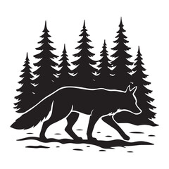 Silhouette winter fox walking through dense pine trees vector illustration