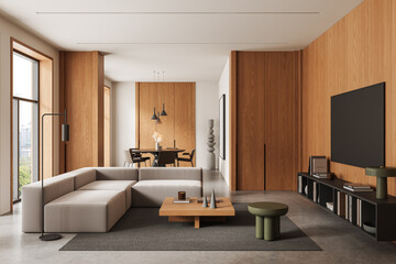 Modern minimalist living room and dining space with wooden walls, beige sectional sofa, and sleek decor in natural lighting background. 3D Rendering