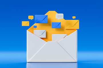 Colorful envelopes and chat icons emerging from an open mail envelope on a vibrant blue background, symbolizing digital messaging and communication concept. 3D Rendering