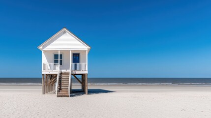 Fototapeta premium Vacation home insurance, A serene beach scene featuring a white house on stilts, set against a clear blue sky and calm ocean waters.