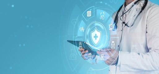 Doctor using digital tablet with futuristic healthcare interface icons for AI-assisted teleconsultation on blue background, concept of future technology.