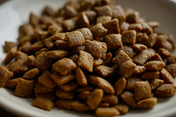 Dog food in a bowl on a table ready for feeding during morning time