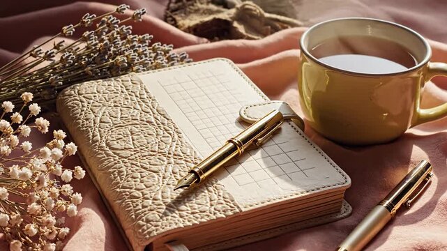 Cozy Morning Ritual Journaling with Coffee and Dried Flowers.