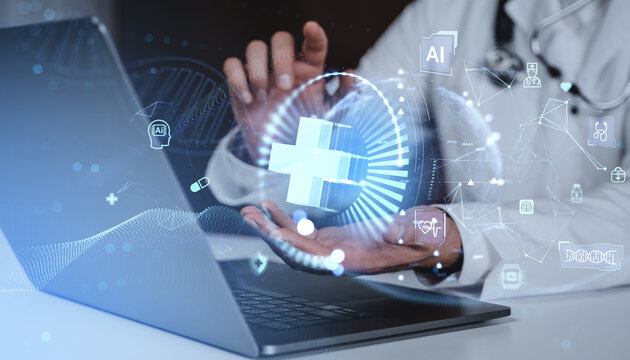Futuristic healthcare technology concept with hologram interface over laptop and doctor background representing digital medical innovation concept. - Powered by Adobe