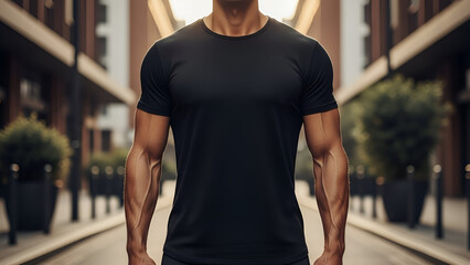 Muscular Man Wearing Blank Black T-Shirt Mockup on Urban Street Background